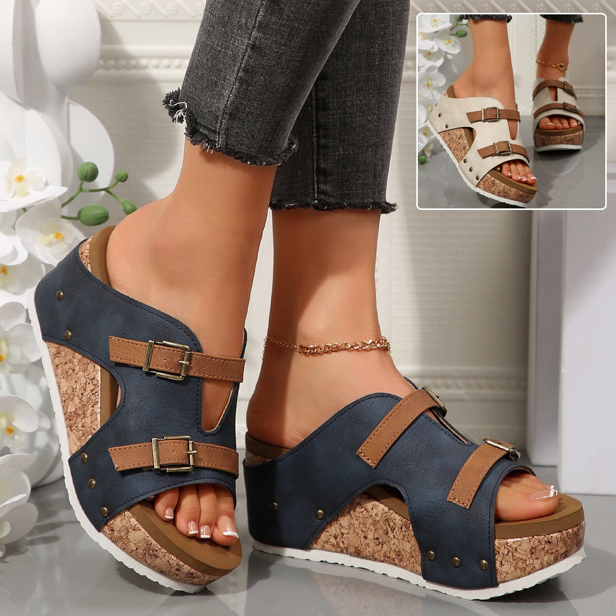 Sandales compensées à boucle pour femme